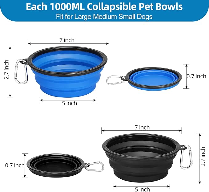 Kytely Large Collapsible Dog Bowls 2 Pack, 34oz Foldable Dog Travel Bowl, Portable Pet Water Food Bowl with Clasp, Pet Cat Feeding Cup Dish for Traveling, Walking, Hiking (Black+Blue) | Portable Dog Water Food Bowl with Clasp, Pet Cat Feeding Cup Dish ... - Image 2