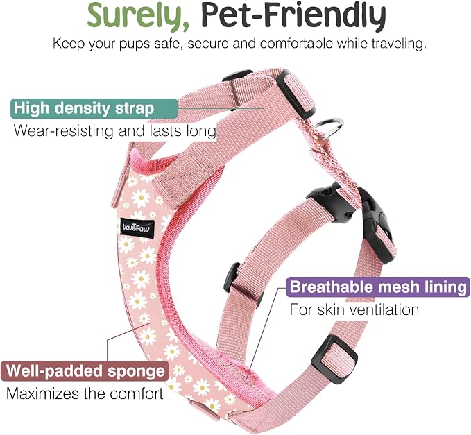 VavoPaw Dog Seat Belt, Safety Vest Dog Car Harness with Adjustable Buckle Dog Seat Belt for Vehicle Nylon Pet Safety Seat Belts Heavy Duty(XL, Pink Daisy) | Soft Breathable Mesh, Adjustable Buckle, Nylon, Heavy Duty Pet Safety Seat Belts for Small Medi... - Image 2