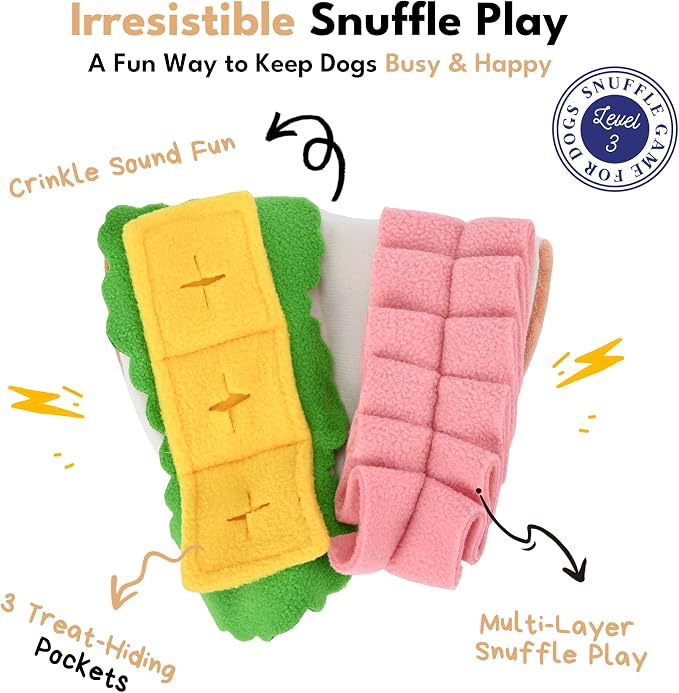 CHEWFFON Interactive Dog Toy, Multi-Layer Treat Hiding Nose Work Game | Half Sandwich Design, Crinkle Plush Snuffle Toy with Treat Pockets, Enrichment Puzzle Toy for Small & Medium Dogs - Image 2