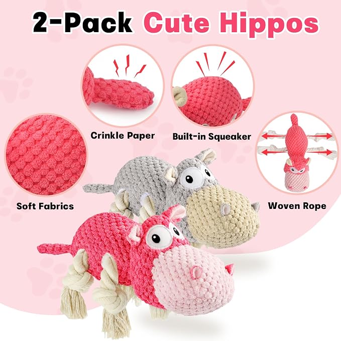 TOOPTATE 2-Pack Squeaky Hippo Dog Toys, Gray & Pink, Medium | Cute Plush Design, Rope Legs for Tugging, Helps Keep Dogs Busy, Suitable for Small, Medium, and Large Dogs - Image 2