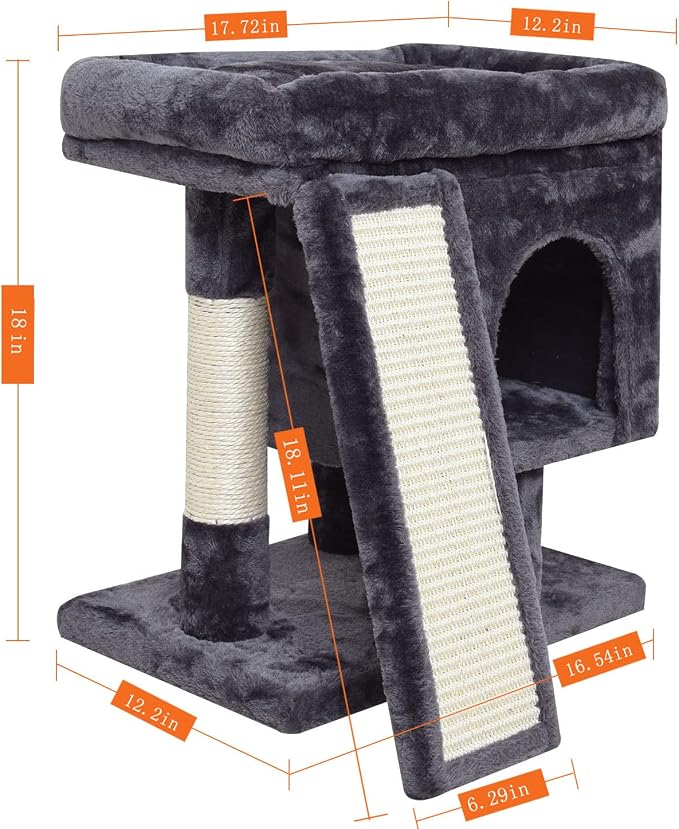 SYANDLVY Small Cat Tree for Indoor Cats Large Adult, Activity Tower with Scratching Post, Modern House with Padded Perch, Kittens Condo with Board, Cat Cave (Smoky Grey) - Image 2