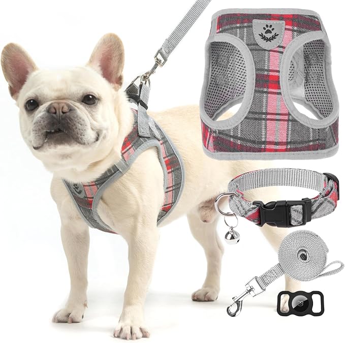 Classic Plaid Puppy Harness - Small Dog Harness and Leash Set - Dog Collar and Leash Set with AirTag Holder, Soft Padded Step in Dog Vest Harness No Pull Reflective for Outdoor, Grey XXS - Image 9