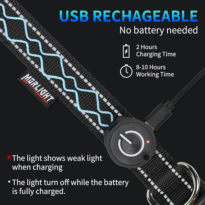 Rechargeable LED Dog Collar for Night Walking, Embroidered Rope Light | The LED light is visible from 360 degrees, anti-loss and enhancing outdoor walking safety(Medium Blue) - Image 4