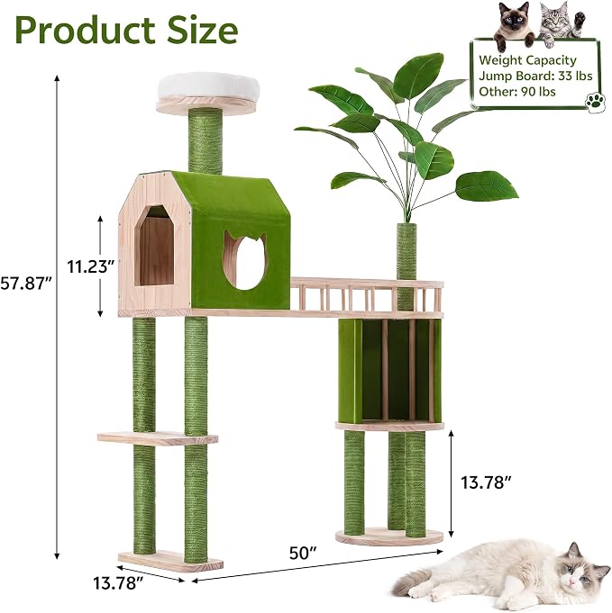 Wood Cat Tower for Self-Cleaning Litter Box, with Faux Plant, 58In | Multi-Level Cat Tree for Adult Large Cats, with Cozy Plush Bed, House, Scratching Posts, Cat Furniture for Indoor Cats, Green - Image 2