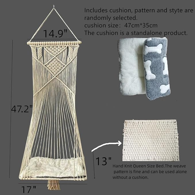 Macrame Hanging Cat Hammock Bed Cat Swing House Space Saving Window Perch with Washed Cotton Cats Toy Tassel Basket Tapestry (Beige, Swing Bed+Cushion) - Image 2