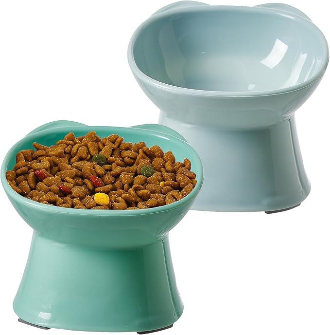 KSIA Klear Elevated Cat Bowls 2 Pack, Tilted Raised Cat Bowls for Indoor Cats, for Food and Water, 4.72" Wide, Whisker Friendly Anti Vomit for Indoor Cats, Microwave and Dishwasher Safe, Blue&Green by Unknown