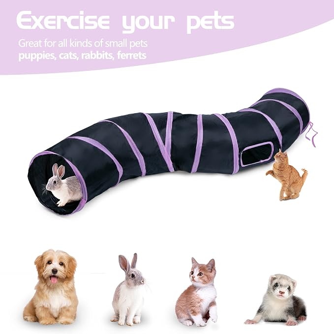 Sheldamy Cat Tunnel, S-2-Way Cat Tunnels for Indoor Cats, Collapsible Cat Play Tunnel, Interactive Toy Maze Cat House with 1 Play Ball for Cats, Puppy, Kitty, Kitten, Rabbit (Pink & Black) - Image 5
