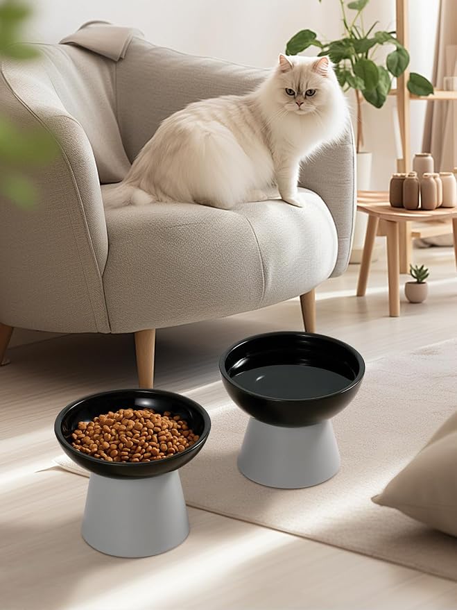 LoeJan Elevated Cat Food and Water Bowls Set, Extra Wide and Raised Ceramic Feeder, Anti-Vomit Whisker-Free Pressure Feeding Bowl for Kittens Adult Small Dogs (Black, Food Bowl) - Image 7