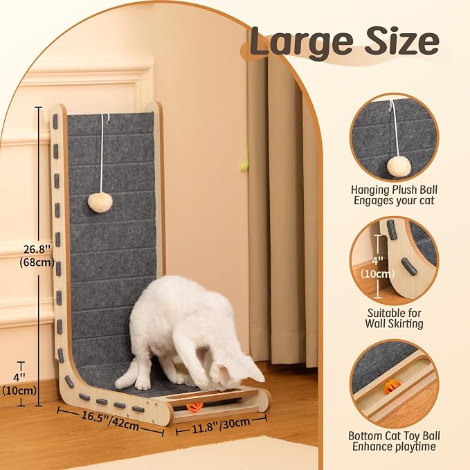 Felt Cat Scratcher for Indoor Cats,26.8 Inch,Grey | L Shaped Scratching Post, Scratch Board Scratchers for Large Cat Scratch Pad Furniture Protector with Bell Ball Kitten Toys - Image 3