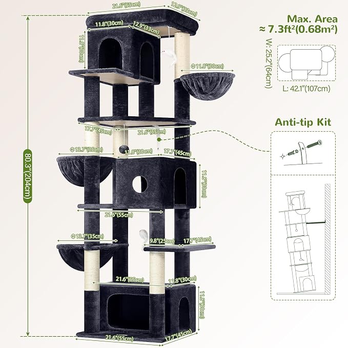 Globlazer Large Cat Tree, 80in Tall Climbing Tower, F80F, Dark Grey | Multi-Level Cat Scratching Tower for Indoor Multiple Large Adult Cats Kittens with 3 Cat Caves, 3 Hanging Baskets - Image 6