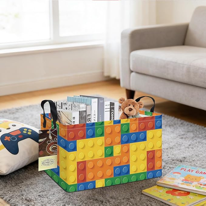Rectangle Foldable Storage Basket Handles For Home, Colorful Blocks | Waterproof canvas material, reinforced handles, perfect for shelf use, organizes clothes, daily items and pet supplies - Image 5