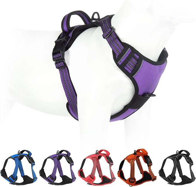 No Pull Dog Harness for Small Medium Large Dogs Adjustable Reflective Pet Vest with Front Clip Padded Harness for Dogs Easy Control Handle Best for Outdoor Training and Walking Purple M by Bokelai