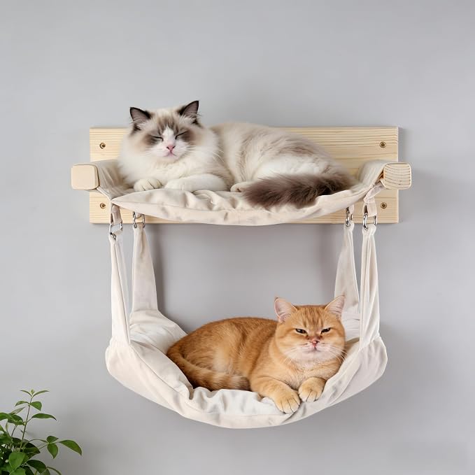 Wall Mounted Cat Double Hammock & 3 Steps, Pine Climbing Shelf & Perch Set, Multi-Function Wall-Mounted Cat Furniture for Sleep Play Climb, Easy DIY Installation - Image 3