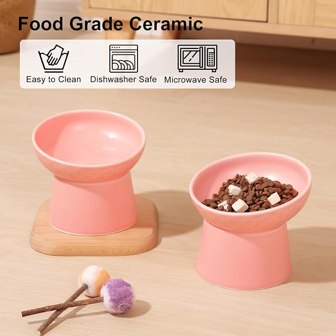 YauYik Ceramic Raised Cat Bowls, Elevated Tilted Cat Food and Water Bowls Set, Stress Free Pet Feeding Dish for Indoor Cats and Small Dogs, Anti Vomiting, Pink, 2 Pack - Image 5