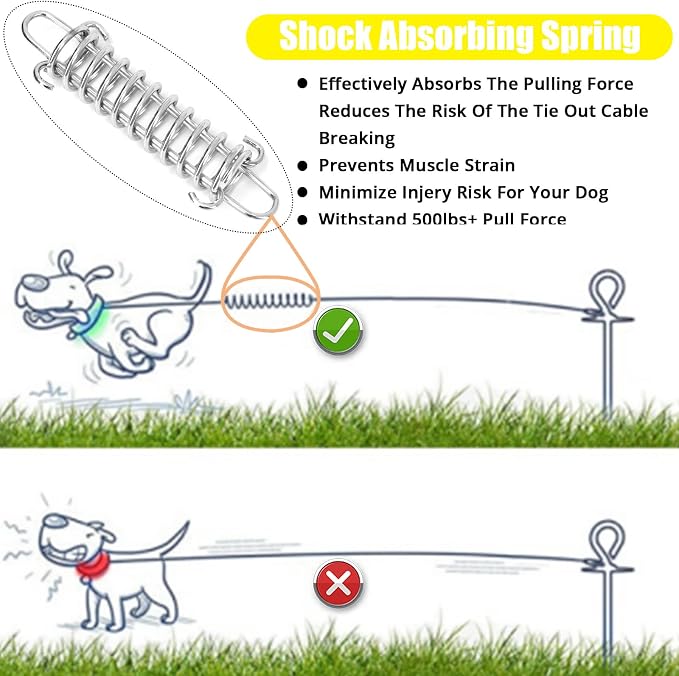 jenico Dog Tie Out Cable - 20 ft Heavy Duty Dog Lead for Yard | Outdoor Runner Cable with Swivel Hook and Shock Spring for Small Medium Large Dogs Up to 500 lbs Dog Tether for Yard Camping - Image 2