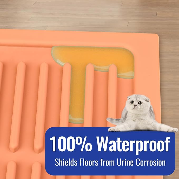 Easy Clean Litter Mat: 24" X 15" Silicone Groove Design Litter Trapping Mat Easy to Vacuum & Rinse - Waterproof Urineproof Surface for Floor - Non-Slip Backing for Kittens (Peach Pink) - Image 5