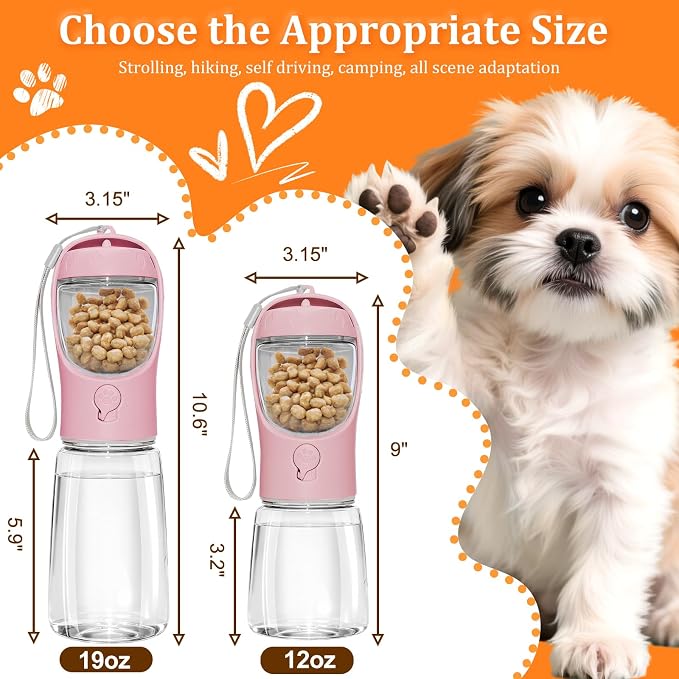 Portable Dog Water Bottle with Food Container, Pink, 12oz | BPA Free, Easy to Carry, One-Button Operation, Dishwasher Safe, for Pets Walking, Hiking, Travel - Image 4