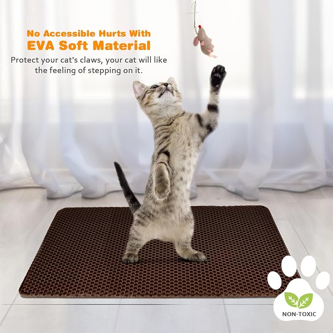 Cat Litter Mat 12"x18",Double Layer EVA litterbox Mat, Brown | Waterproof honeycomb large grid, urine-proof and odor-free. Traps litter, easy cleanup,Washable, non-slip backing - Image 6