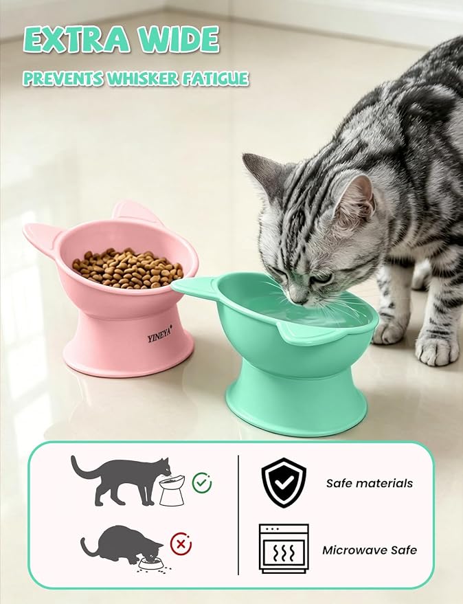 YINEYA Elevated Cat Bowls 2 Pcs, Cat Food Bowl to Protect Neck & Anti-Vomit, Whisker-Friendly Raised Food and Water Bowls Set for Indoor Cats/Small Dogs, Cute Pet Feeding Bowl 6 OZ Each, Pink & Green - Image 3
