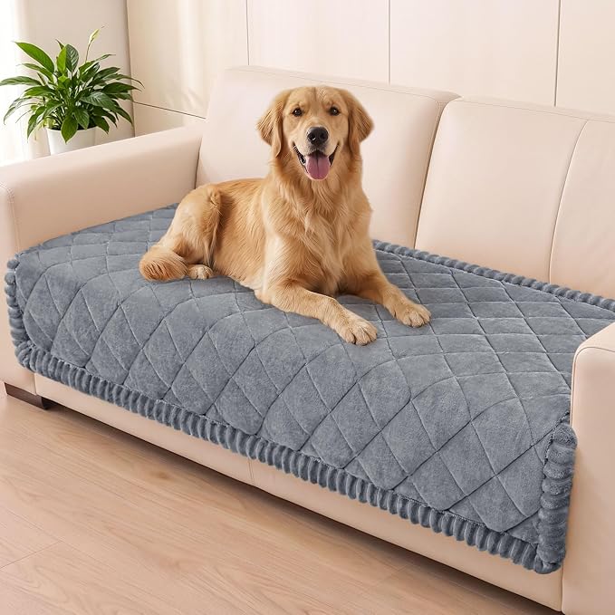 Smiry Non Slip Couch Cover for Dogs, Fuzzy Plush Pet Sofa Protector | Washable Furniture Cover for Large Dogs & Cats, Scratch & Dirt Resistant, For 3 Cushion Couch, Grey, 35.4"x88" by Smiry