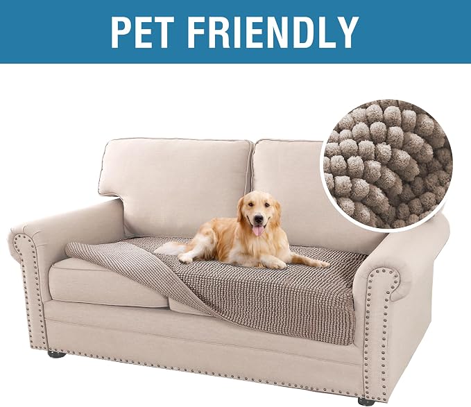 H.VERSAILTEX Plush Chenille Dog Bed Cover Thick Soft Loveseat Cover for 2 Cushion Couch Anti Slip Couch Cover Furniture Protector for Dog, Pet, Cat (35" x 62", Cuban Sand) - Image 2