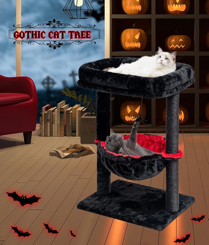 SYANDLVY Gothic Cat Tree with Coffin Bed for Indoor Cats, Activity Tower | Scratching Post for Kittens, Cat Condo Furniture with Basket & Spider Hanging Ball for Play Rest - Image 4