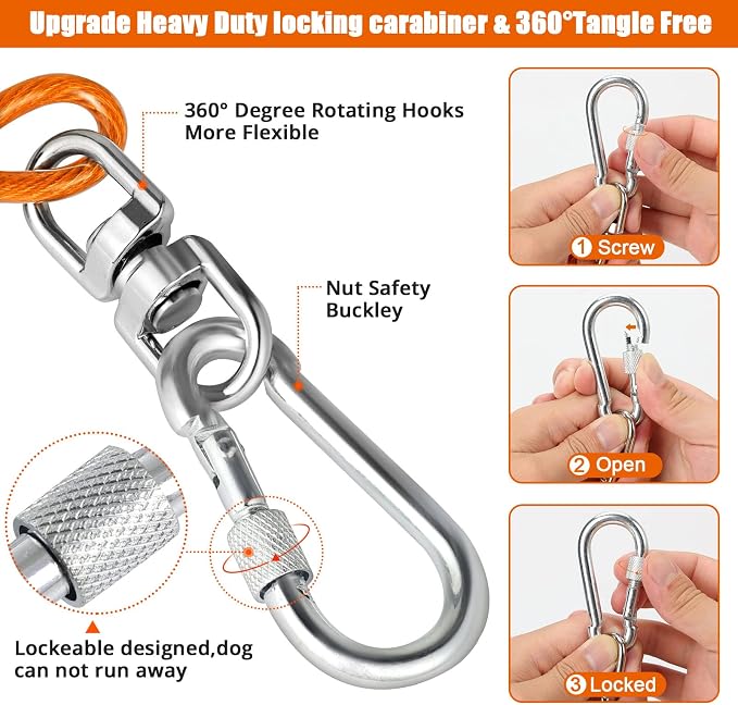 jenico Dog Tie Out Cable - 15 ft Heavy Duty Dog Lead for Yard | Outdoor Runner Cable with Swivel Hook and Shock Spring for Small Medium Large Dogs Up to 500 lbs Dog Tether for Yard Camping - Image 2