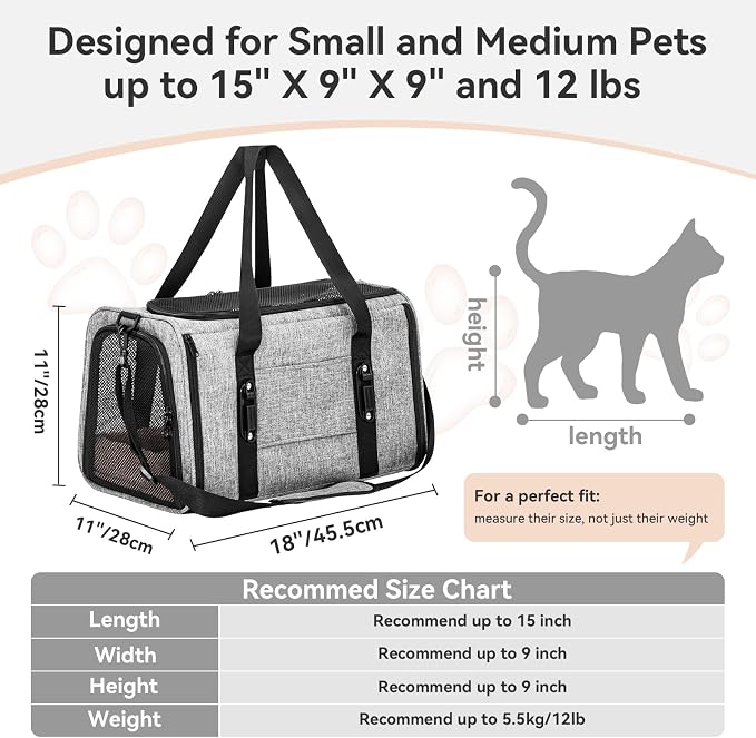 PETSFIT Cat Carrier Soft with Patented Safety Buckles,Safe for Car Travel | Lockable Zippers, Safety Tether, Escape-Resistant Pet Carrier for Vet Visits, Airline Approved Under-Seat, Up to 12 lbs - Image 5