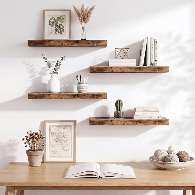 Fixwal Floating Shelves for Wall Decor (Rustic Brown, Set of 4, 15.7 Inch) | MDF Shelves with Metal Brackets, Space Saving for Books, Decor, Works in Bathroom, Kitchen, Living Room, Bedroom - Image 7