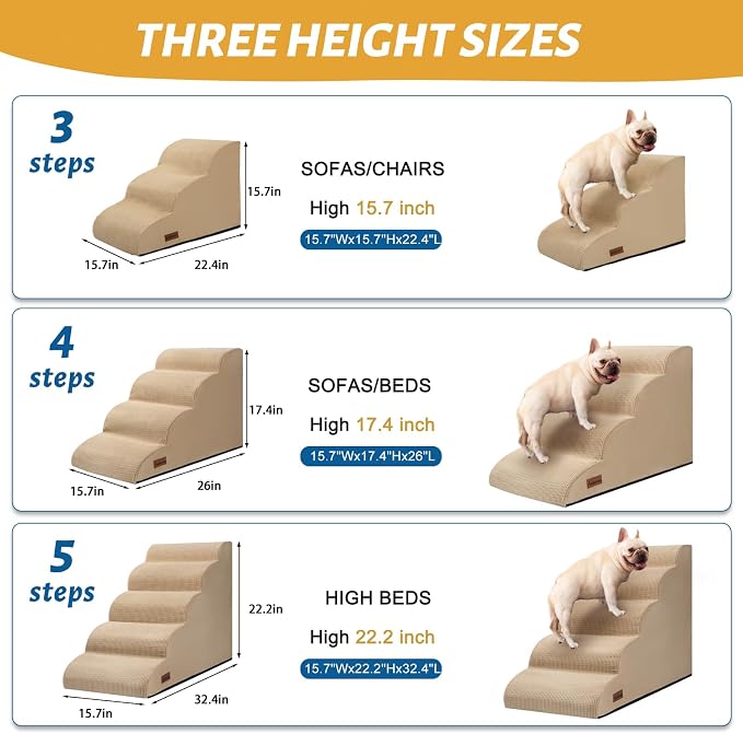 Aodisman Dog Stairs for High Bed,5-Step Pet Ramp for Small Dogs and Cats | 22.2" H Dog Steps for Bed with High-Density Foam, Help Olders,Short-Legged Dogs,Puppy and Cats Get on Beds Easily,Grey,Khaki - Image 2