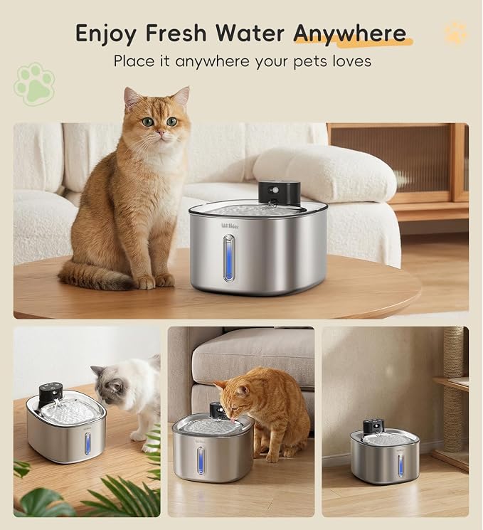 Stainless Steel Cat Water Fountain, 152fl.oz / 4.5L Cordless Cat Fountain | with 5 Filters Set; Wireless Pet Fountain; 5000mAh Battery; Indoor; Triple Water Modes; 25 dB Ultra-Quiet - Image 2