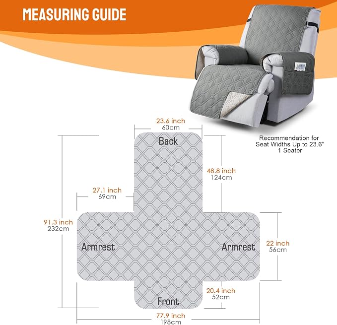 VANSOFY 100% Waterproof Recliner Chair Covers Washable, Gray, 23.6" | Non-Slip, Slipcover with Pocket, Furniture Protector, Elastic Straps, Chair Cover for Pets, Dogs - Image 2