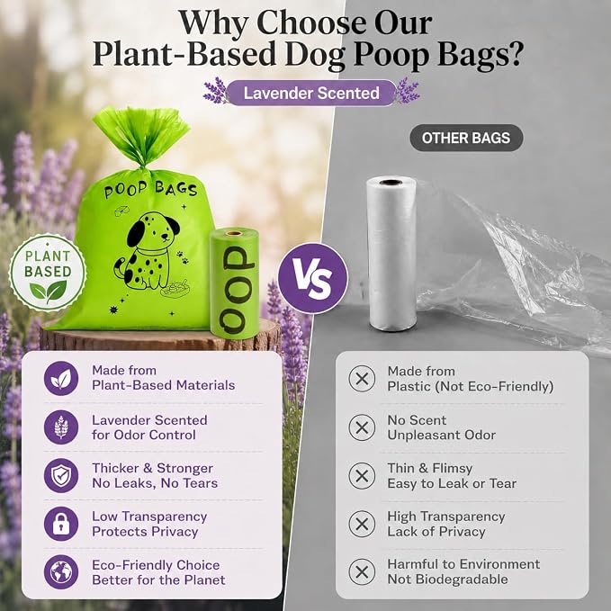 Dog Poop Bags rolls with Dispenser,120 pack Plant-Based Material | Dog Waste Bags Extra Thick Leak-Proof , Lavender-Scented Dog Poop Bags, 13x9 Inch for Bags for Dogs Walking and Cat Litter - Image 4