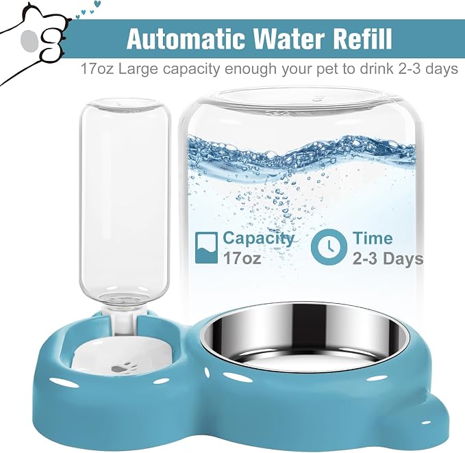 Dog Bowls, Cat Food and Water Bowl Set with Water Dispenser and Stainless Steel Bowl for Cats and Small Dogs - Blue - Image 2