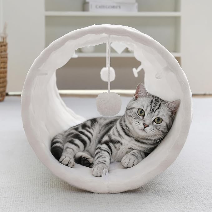 Straight Bubble Cat Tunnel for Indoor Cats 47"x12", Cream White | Cute Cat Toys, Collapsible Tunnel Tube with Hanging Balls for Puppy Kitten Rabbit - Image 7