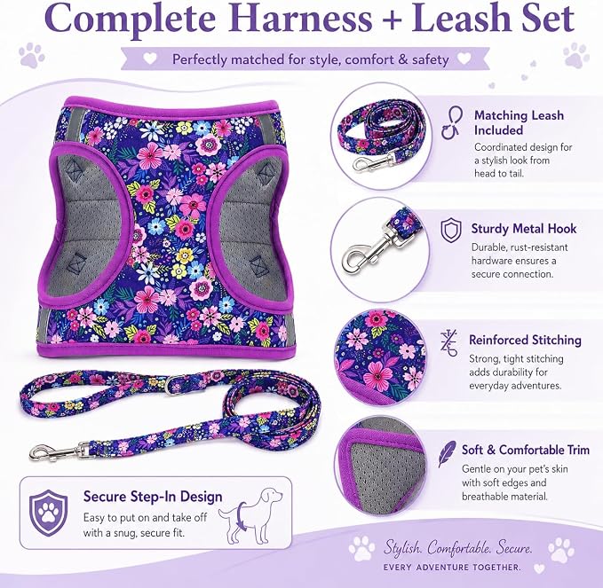 Step in Dog Harness Leash Set- All Weather Reflective No-Pull Floral Pattern Padded Mesh Vest Harness for Cats Puppy Extra-Small Small Medium Large Dogs - Dark Flower - L - Image 7