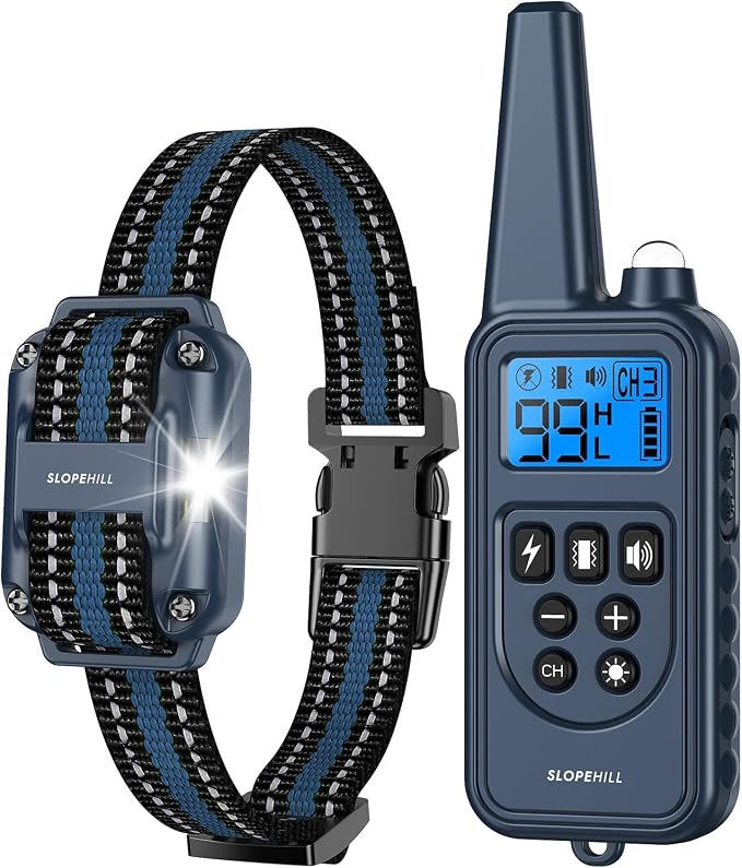 SLOPEHILL Dog Training Collar,4200FT Remote Shock Collar for Dogs 8-140lbs | IP68 Waterproof e Collar with Beep, Vibration, Safe Shock, Light ,No Shock Modes,Dog Collar with Removable Prongs,Dark Blue by SLOPEHILLDogTrainingCollar