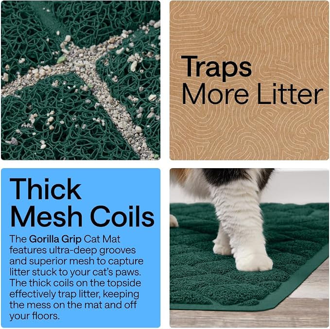 GORILLA GRIP Cat Litter Box Mat, 35x23, Cushioned Coil Mesh Litter Trapping Mats, Scatter Control Supplies for Less Mess, Phthalate Free, Ultra Deep Catch Grooves, Rinse or Vacuum to Clean, Dark Green - Image 3