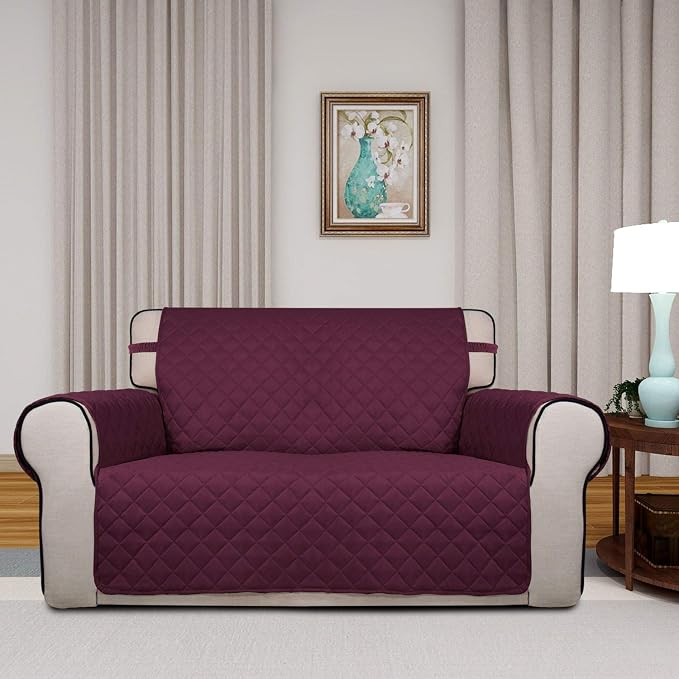 PureFit Reversible Quilted Sofa Cover, Water Resistant Medium Slipcover Furniture Protector, Washable Couch Cover with Non Slip Foam and Elastic Straps for Kids, Dogs, Pets (Loveseat, Wine/Beige) | Wine/Beige, Water Resistant Couch Protector, Washable ... - Image 2