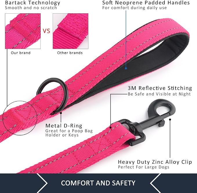 Plutus Pet Double Handle Dog Leash, 6 FT Long, for Medium Large Dogs | Reflective Nylon, Soft Padded 2 Handles, Heavy Duty for Training, Dual Handle Lead, 6 FT x 1”, Pink - Image 4
