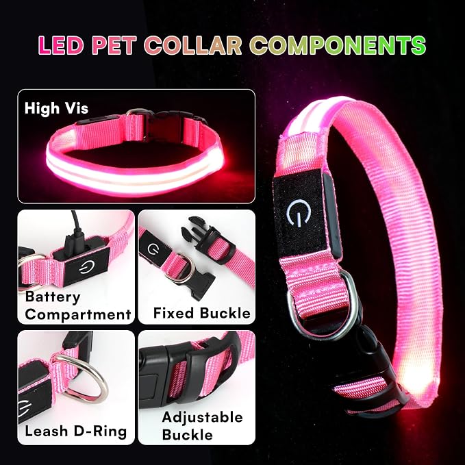 Neon LED Light Up Dog Collar for Night Walking, Rechargeable Safety Glow Illuminated Collar with 3 Modes Flashing, Reflective Adjustable Pet Light for Small/Medium Dogs Puppy 15-19" Neck (Pink) - Image 3