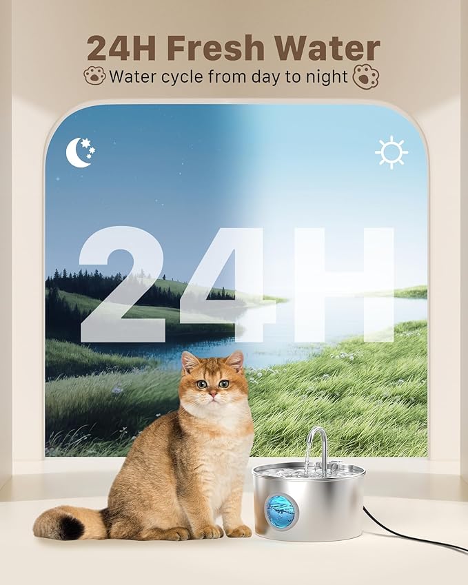 Cat Water Fountain Stainless Steel: Cat Fountain for Drinking with 6 Filters + 3 Sponges - 74oz/2.2L Pet Water Fountain for Cats Inside - Quiet Cats Water Bowl Dispenser - Kitten Drinking Fountains - Image 3