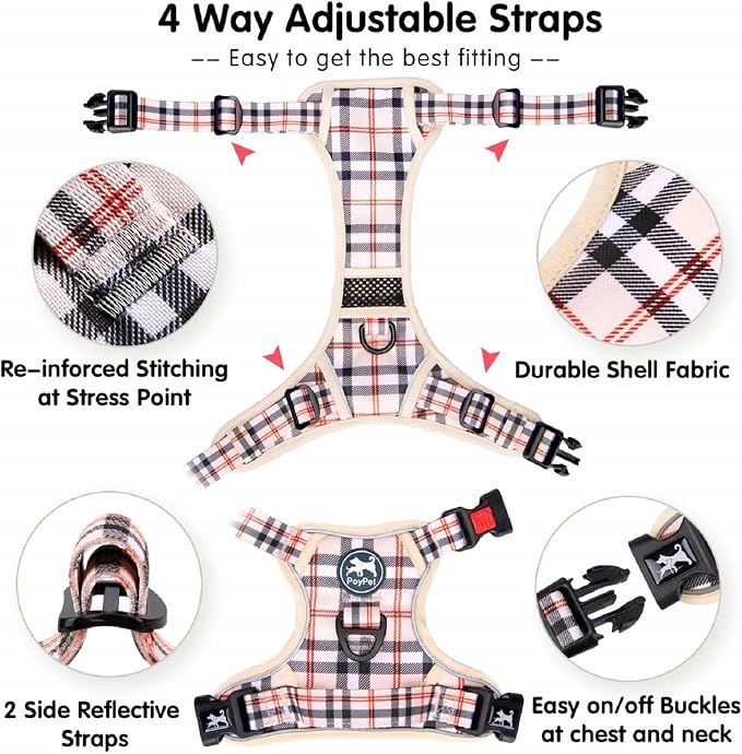 PoyPet Plaid Dog Harness Medium, No Pull Vest with Front Clip & Neck Buckle | Padded Handle, Reflective, No Choke, Lockable, 2 Leash Rings, Full Adjustable, for Training Walking, M, Checkered Beige - Image 9