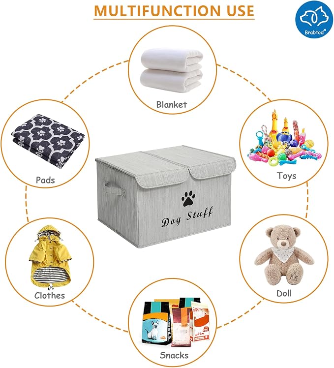 Large Dog Toys Storage Box Canvas Storage Basket Bin Organizer with Lid - Collapsible Linen Bin Ideal for Organizing Dog Cat Toys and pet Stuff-PP Boad-17" x 12" x 10" - Slub Gray - Image 4