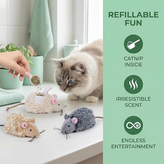 Ciieeo 3pcs Refillable Catnip Cat Toys for Indoor Cats & Kittens Plush Interactive Teething Chew Toy Mouse Shaped Catnip Pillow Assorted Colors - Image 7