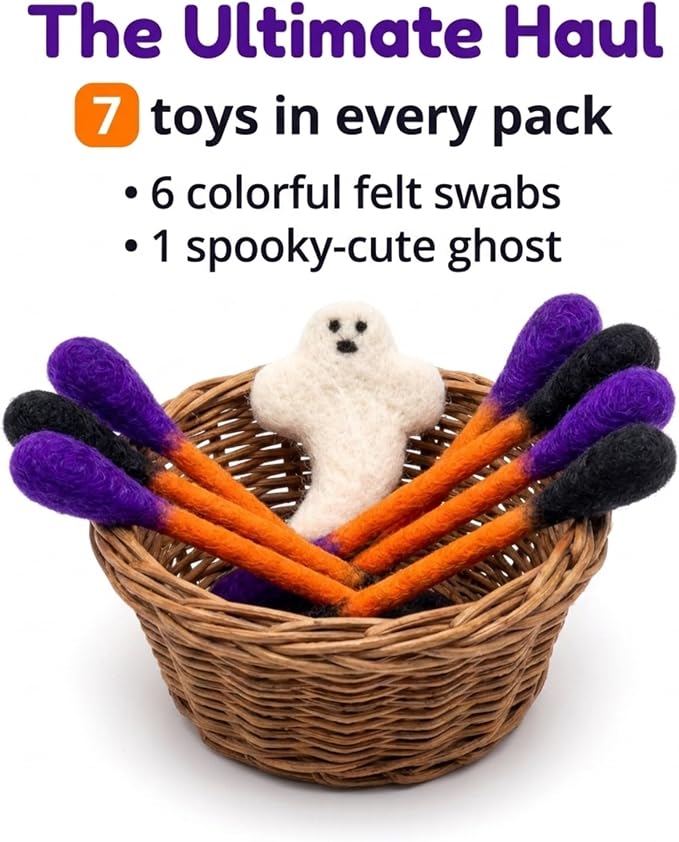 Glaciart One Halloween Cat Toys with Catnip – 7 Pack Felt Swab Cat Toys + Ghost Toy, Interactive Wool Cat Toys for Indoor Cats & Kittens, Handmade Natural Catnip Toys for Chase, Chew & Play - Image 6