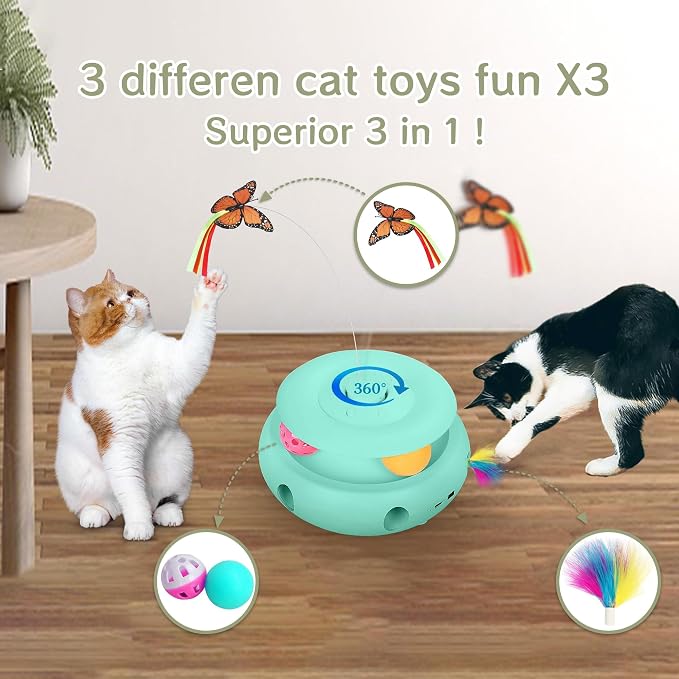 3-in-1 Interactive Cat Toys for Indoor Cats, Blue | Rechargeable Automatic with Fluttering Butterfly,Smart Sensor 6 Holes Mice Whack-A-Mole and Track Ball - Image 3