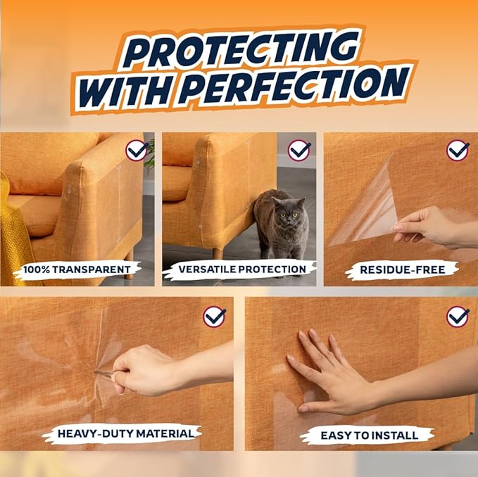 Panther Armor Furniture Protector, 8-Pack, Heavy Duty Anti-Scratch Cat Couch Protector, Transparent | Solid barrier shield, not a sticky deterrent. Couch protector from cat claws. 4 XL plus 4 large sheets, removable - Image 4