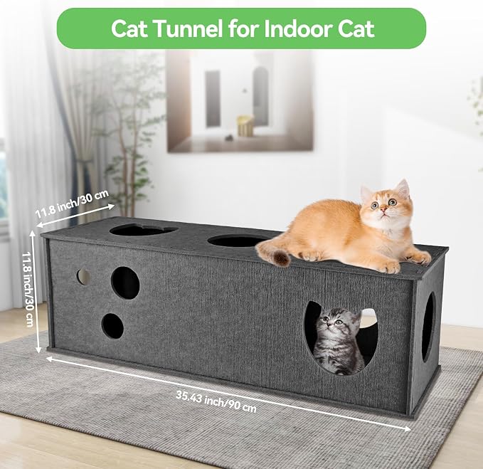 Homegroove Cat Tunnel for Indoor Cats, Felt Cat Play Tunnel, Grey, Straight | Felt cat tunnel, interactive peek holes, cat tunnel bed, hide & seek toy, DIY peekaboo cat toy for indoor play - Image 2