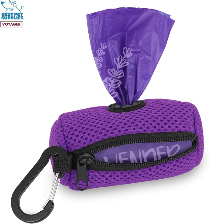 Best Pet Supplies Dog Poop Bag Holder Leash Attachment with Reusable Dispenser for Travel, Walking, Park, and Outdoor Use, Durable with Clip-On - Purple, Mesh Dispenser w/15 Bags - Image 2